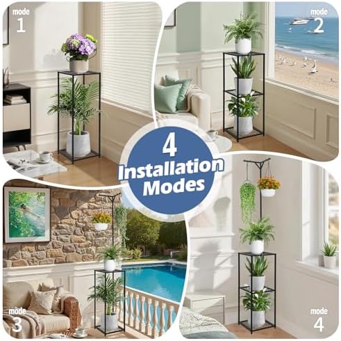 3 Tiered Hanging Plant Stand Indoor outdoor, Corner Plant Flower Stand for Multiple Plants, 67" Tall Plant Rack for 5 Potted Flowers,Plant Shelf for Living Room, Balcony, Patio, Garden, Square Black Metal - Image 3