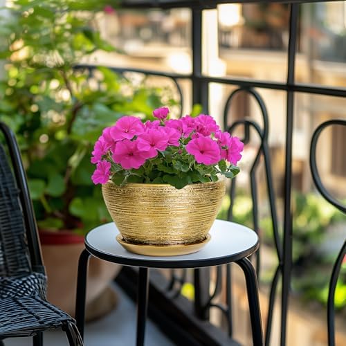 Ceramicfor Ceramic Plant Pot Indoor - 9 Inch Planters for Outdoor Plants Decorative Plant Pot with Drainage Hole and Saucer Round Planter Modern Flower Pot Decorative for House Decor Gold - Image 5