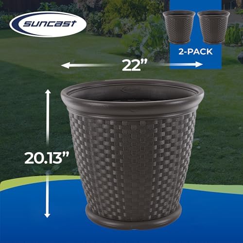 Suncast 2 Pack Sonora 22 Inch Plastic Wicker Indoor or Outdoor Decorative Garden Flower Planter for Entryways, Porch, and Backyard Patios, Dark Brown - Image 3