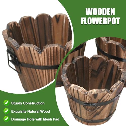 3Pcs Whiskey Barrel Planter Vintage Wooden Barrel Planter with Wavy Mouth & Drainage Hole Decorative Plant Pot with Handles for Indoor Outdoor Garden, Décor de pelouse - Image 3