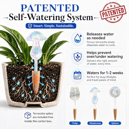 HyJeryty Non-Clogging Iridescent Mushroom Plant Watering Globes with Terracotta Spikes, Hand Blown Glass Self Watering Planter Insert, Watering Bulbs for Indoor Small & Medium Potted Plants (3 Pack) - Image 6
