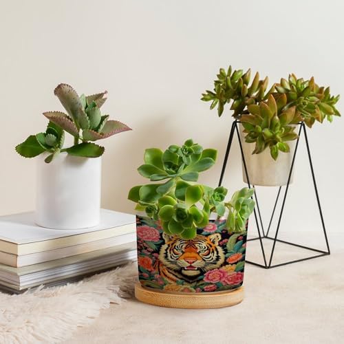 Animal Tiger Stripe Chinoiserie Ceramic Planters Orange and Coral Peony Flower Flower Pots for Indoor Plants with Drainage Holes and Saucers Pot for Home Office Decoration - Image 4