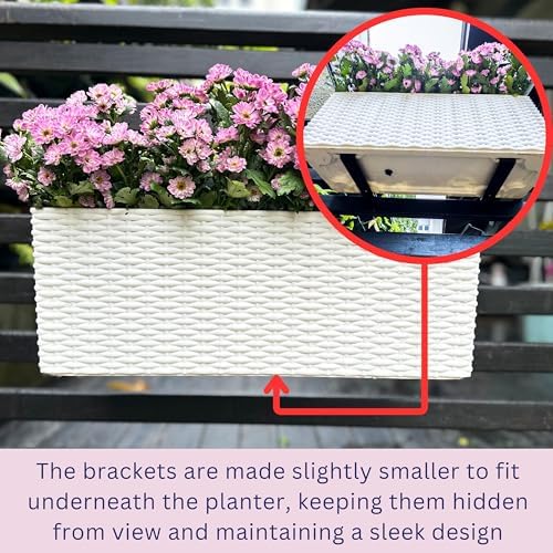 LaLaGreen Outdoor Rail Planter for Balcony (20 Inch, 2 Pack) Large White Self Watering Railing Planters with Brackets, Rectangular Plastic Fence Modern Window Boxes Designer Choice with Rattan Pattern - Image 5