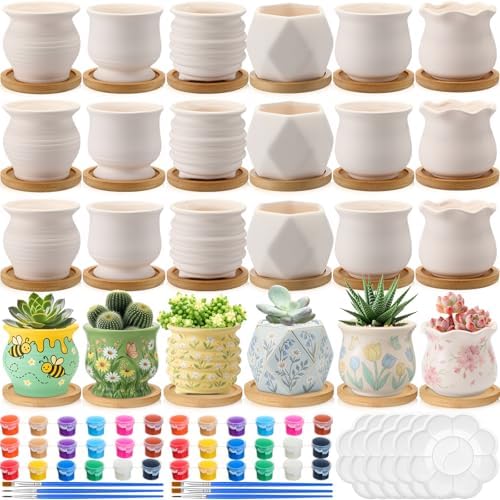 Leitee 30pcs Flower Pots 3 Inch Paint Your Own Ceramic Pot Craft Kit Ready-to-Paint Small Succulent Pots Bulk with Drainage Hole Paint Set Mini Paintable Plant Vase for Spring Birthday DIY Gift by Leitee