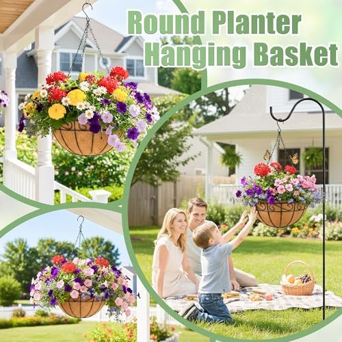 4 Pack 12 Inch Hanging Baskets for Plants Outdoor Metal Hanging Planters Round Hanging Flower Pots with Coco Coir Liner Plant Holder for Outdoor Patio Garden Balcony Decor - Flower Border - Image 3