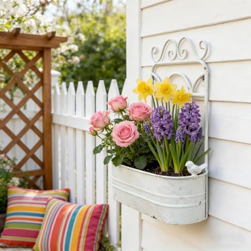 Vintage Rustic Wall Planter Distressed Decor Iron Hanging Plant Basket Shabby Metal Wall Mounted Flower Holder Pot Stand for Indoor Outdoor Home Balcony Patio Farmhouse Garden Decorative White - Image 2