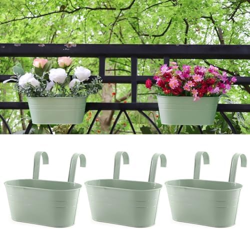 3 Pack Metal Railing Planters, 10.5" Oval Hanging Flower Pots with Detachable Hooks & Drainage Holes, Fits Rails up to 2.36", Galvanized Iron Fence Bucket for Balcony Garden Patio - Blue by MeltsetM