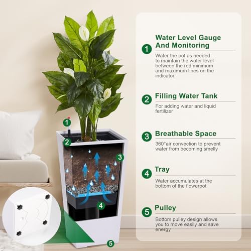 30" Tall Planter Set of 2, Heavy Duty High Planter Pots with Drainage Holes, Water Level Indicator & Removable Inner Bucket, Self Watering Planters for Indoor Outdoor Porch, Patio-White - Image 5