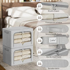 FHSQX 3 Pack Clothes Storage Bins - Foldable Metal Frame Storage Box - Stackable Linen Fabric Container Organizer Set with Carrying Handles and Clear Window (Light Gray, 19.7x15.7x13inch(66L)) - Image 3