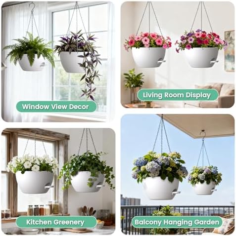 UOUZ 13 Inch 2 Pack Large Self Watering Hanging Planters for Indoor Outdoor Plants, Hanging Plant Pots with Removable 50 Oz Reservoir, Plastic Hanging Basket for Window Porch Garden, White - Image 6