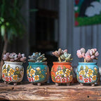 3 Inch Hand Painted Succulent Cactus Plant Pot Clay Flower Pot Planter Container Floral Design with Drainage Hole Bamboo Trays Pack of 4 (Pear Blossom) - Image 3