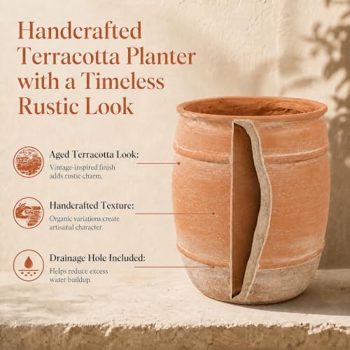 13" H x 12" Dia Aged Terracotta Planter Pot with Drainage Hole - Image 5
