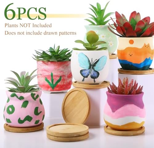 Remerry 6 Pcs 3.5 Inch Mini DIY Ceramic Succulent Pots with Bamboo Tray - Image 2