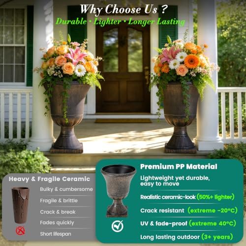 22" Tall Urn Planters Set of 2 Large Flower Pots, Antique Bronze - Image 4