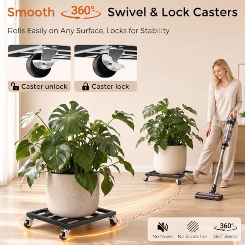 3 Pack 12" Heavy Duty Plant Caddy with Wheels, Supports Up to 800 lbs, Metal Rolling Plant Stand with 4 Swivel Casters include 2 Locking Wheels, Rustproof for Large Pots, Washer & Refrigerator - Image 5