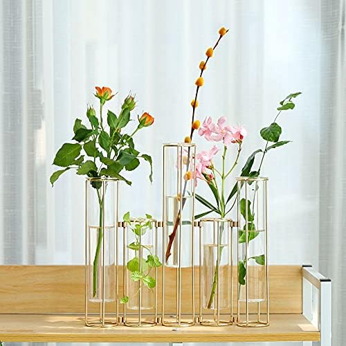 Gold Vases for Centerpieces, Test Tube Flower Vase with 5 Test Tubes, Gold Flower Vase with Metal Stand Racks Hydroponic, Glass Hinged Propagation Plant Vase for Wedding Table Home Decor - Image 4