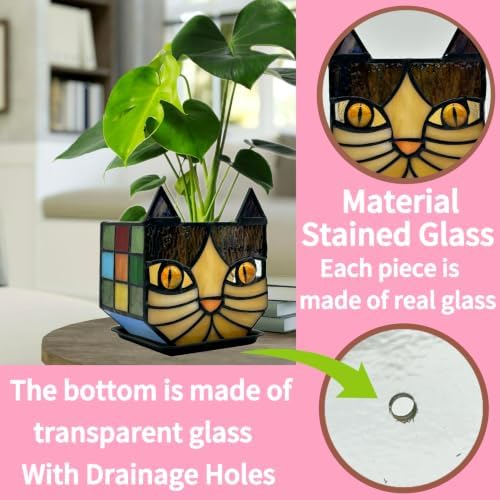 Yellow Cat Plant Pot with Drainage,Cute Planters for Indoor Plants,Stained Glass Cat Flower Pots,Fun Candle Holder Glass Container,Gifts for Gardeners Woman - Image 4