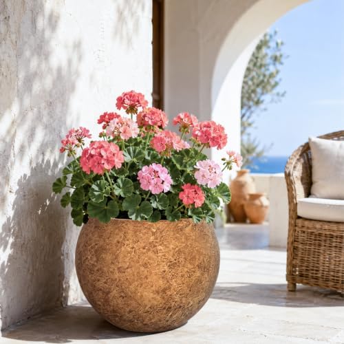 13.5" H x 17"Dia Brown Fiberstone Planter Pot with Drainage Hole, Large Round Handcrafted Decorative Flower Pot for Indoor Outdoor Plants, Rustic Stone-Look Planter for Patio, Porch, Garden&Home Décor - Image 7