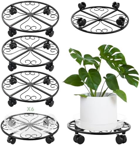 6 Pack Plant Caddy with Wheels, 13.5 Inch Metal Plant Stand with Wheels Heavy Duty Wrought Iron Rolling Plant Caddy Plant Dolly Plant Rollers Plant Cart Large Plant Mover by Unknown