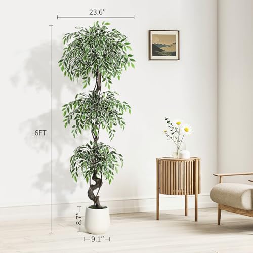 6FT Lifelike Artificial Ficus Tree Indoor Floor Plant with White Planter - Image 4
