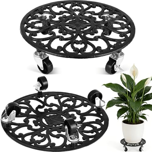 2 Pack Rolling Plant Caddy with Wheels Heavy Duty, 14 Inch Cast Iron Plant Rollers with Wheels, Roller Planter Stand on Metal Wheel Round Planter Caddies Roller Plants Stand Indoor Potted Plants Mover by PartyZealot