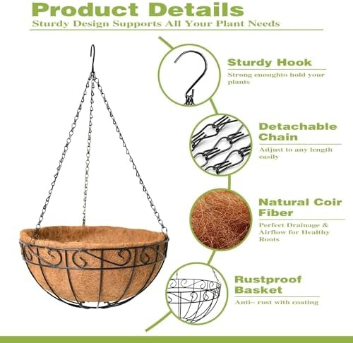 4 Pack 14 Inch Hanging Baskets for Plants Outdoor Metal Hanging Planter Hanging Flower Baskets with Coco Fiber Liners Chain Round Wire Plant Holder Hangings Flower Pots(Plaid) - Image 5