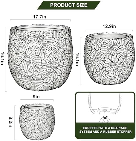 Craft flowerpots 18"+13"+9" Dia Round Concrete Planter Set of 3 Large Outdoor/Indoor Planter Pots Containers with Drainage Holes and Rubber Plug for Home Garden (Green, Large) - Image 4