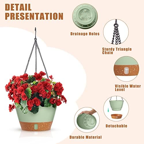 Amyhill 6 Pcs 8 Inch Hanging Planter for Indoor Plants Self Watering Hanging Pot Baskets with Drainage Hole Visible Water Level Tray with Hooks for Garden Outdoor(Green) - Image 3