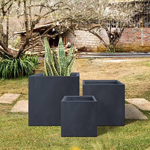 Kante 16",12",10" Square Concrete Planters Set of 3 for Outdoor Indoor Home Patio Garden, Large Plant Pot with Drainage Hole and Rubber Plug, Charcoal - Image 7