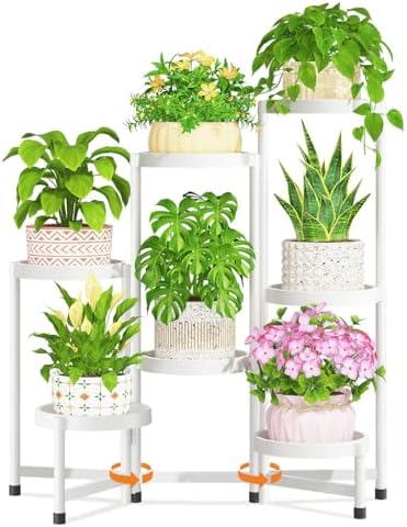 LASZOLA Plant Stand Indoor Outdoor Tall with Plastic Tray, 7 Tiers White by LASZOLA
