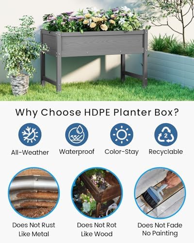 Weatherproof Raised Garden Bed, HDPE Outdoor Elevated Planter Box with Legs, Garden Box, Flower Beds for Patio, Deck, Balcony (Grey) - Image 3