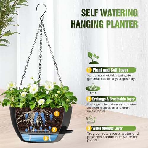 10 Inch Self-Watering Hanging Planters Set of 3 with Saucers - Image 6