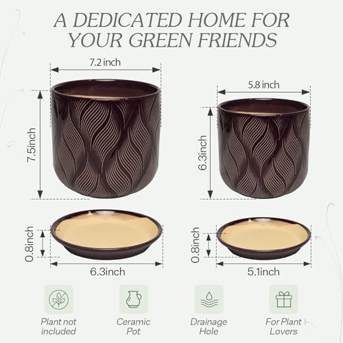 Ceramic Glaze Plant Pot Set 7.2+5.8 Inch Planter with Drainage Hole,Mesh Net,Saucer,for Indoor Outdoor (Leaf-Dark Purple) - Image 6