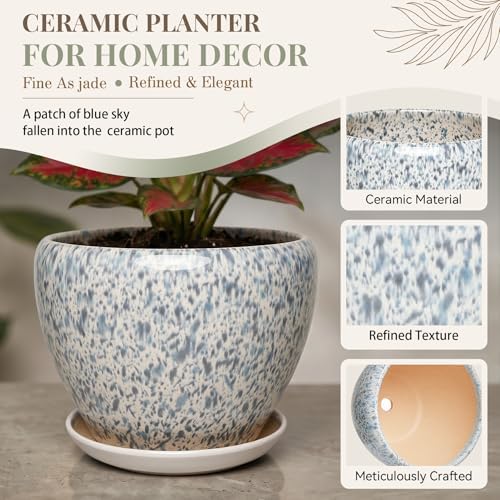 9.5 Inch Ceramic Plant Pot with Drainage Hole Mesh Net,Modern Gardening Pots for Indoor Plants with Saucer, Spotted Blue - Image 3