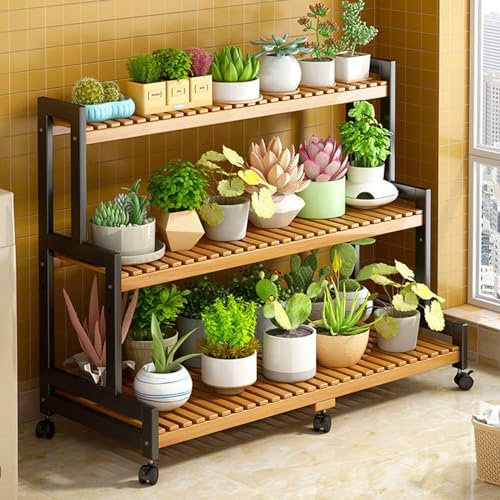 Plant Stand, Bamboo Ladder Shelf Display Shelf, Multi-Tier Planter Holder with wheel for Home Garden Patio Balcony Indoor Outdoor Use,100*40*105cm by Unknown