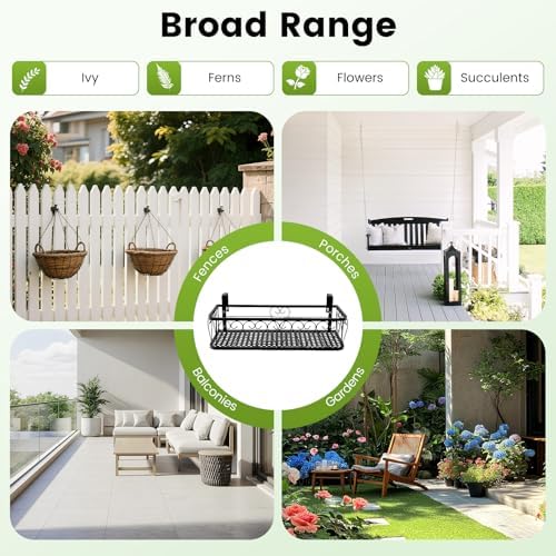 Floating Garden Railing Planter Shelf Balcony Hanging Flower Rack Basket with Hooks Iron Railing Planter Holder Decorative Window Flower Pot Stand for Outdoor Garden Plants Fence Patio - Image 2