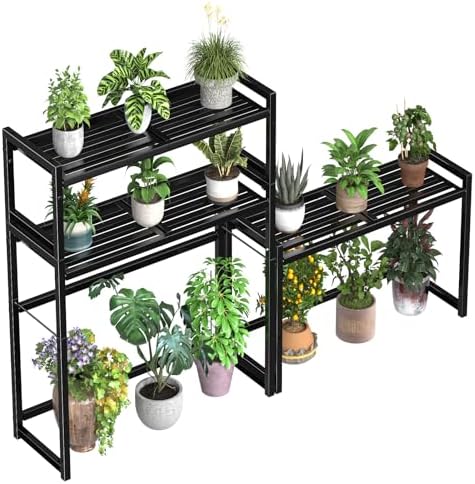 Ekisemio 3-Tier Metal Plant Stand, Heavy Duty Waterproof Indoor Outdoor Stackable Shelf, Tall Flower Pot Holder & Display Rack for Garden, Black - Image 2