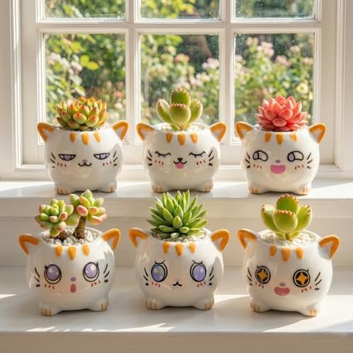 6 Pcs Cartoon Animal Succulent Pots with Drainage - Cute Ceramic Mini Cat Planters for Small Plants, Cactus, Air Plants - Decorative Animal Flower Pots for Indoor Desk, Home Decor - Image 7