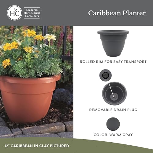The HC Companies 12 Inch Caribbean Planter Pots with Drainage & Plug, Rolled Rim Plastic Planters for Indoor & Outdoor Plants, 2-Pack Decorative Flower Pots for Garden, Office & Home Decor, Warm Gray - Image 2