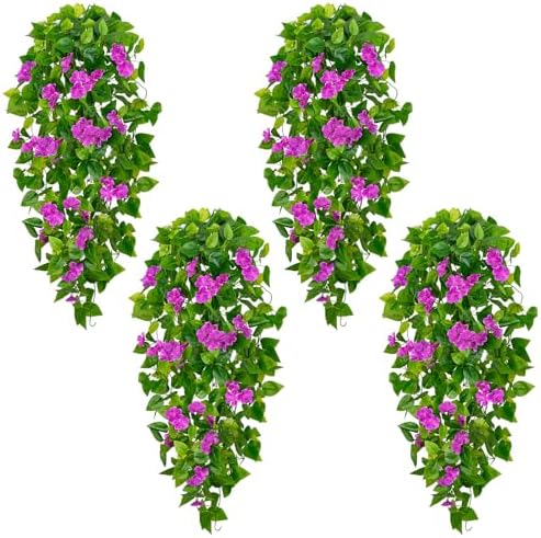BLEUM CADE Artificial Hanging Flowers for Outdoors, 4pcs Fake Hanging Plants Pothos Vines with Purple Flowers for Wall Home Living Room Indoor Outdoor Decor (No Baskets) by BLEUMCADE