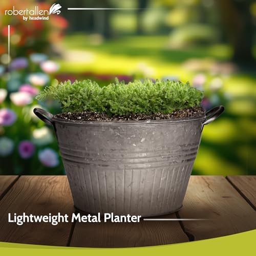 Headwind Decorative Planter - Round Galvanized Tub Planter with Handles – 10 Inch Lightweight Metal Planter with Drainage Hole – Galvanized Steel Tub for Plants - Metal Flower Pot by Robert Allen - Image 3