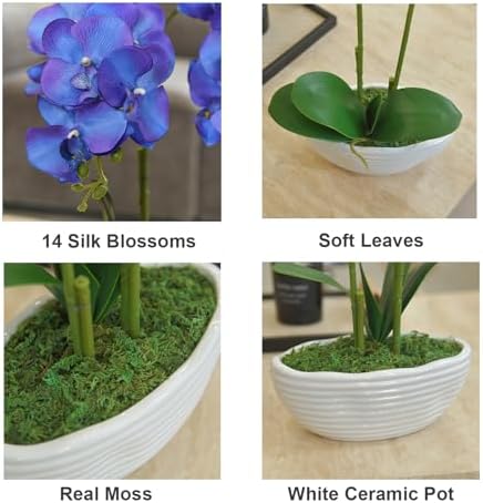 Large Artificial Orchid Arrangement in Oval Ribbed Ceramic Pot, Purple Blue - Image 2