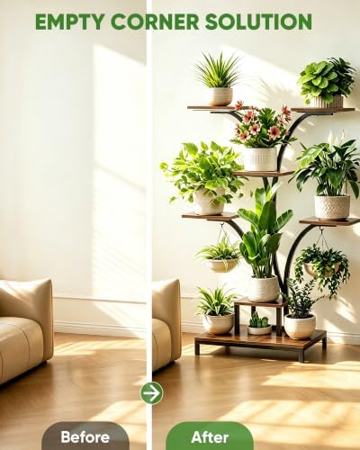 7 Tiered Plant Stand Indoor with 3 Grow Lights, 59" Tall Corner Plant Shelf for Multiple Plants, W-Shaped Metal Wood Plant Rack for Living Room, Bedroom, Office, Home Decor, Rustic Brown - Image 3