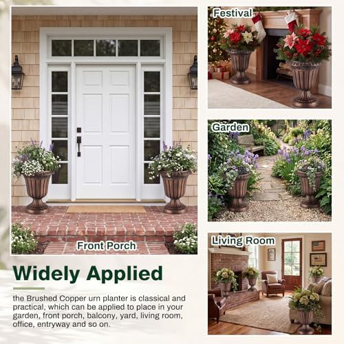 Zhehao 4 Pcs 10 x 12 Inches Brushed Copper Plastic Urn Planter Classic Flower Pots Front Porch Planters Indoor Outdoor Planters with Pedestal for Wedding Party Bridal Shower Garden Patio Porch - Image 5