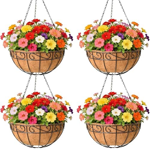 4 Pack 14 Inch Metal Hanging Planter Basket，Natural Round Coconut Hanging Plant Flower Pot，Coconut Coir Planter for Hanging Basket Flowers/Vegetables Home Garden Patio Decoration Flower by GYATSOCYGwomenswardrobe