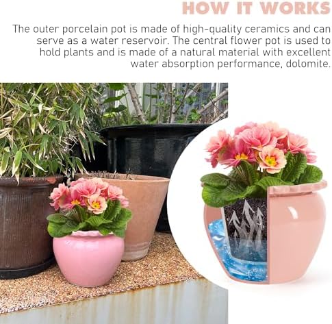 8in Pink Ceramic Self Watering Planter - Terracotta Maintenance Plant Seeder for Indoor African Violet Plants - Image 3
