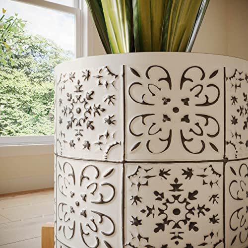 EverNest Tristan Boho Chic White and Black Embellished Patterned Modern Planter, Bohemian Style, Planter with Arch Wood Stand, Indoor Home Decor Plant Holder (Small, 1 Gallon) - Image 4