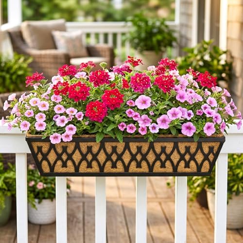 6 Pack 24 Inch Window Boxes Planters Railing Planter Box with Adjustable Brackets for Porch Fence Patio Balcony Hanging Flower Baskets with Coco Liners for Outdoor Garden Decor - Black - Image 2