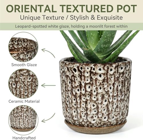 10 Inch Ceramic Planter Pot with Saucer Drainage Leak-Proof Mesh,Flower Pots for Indoor Plants with Gardening Gloves,Ceramic Planter(Spotted-White) - Image 3