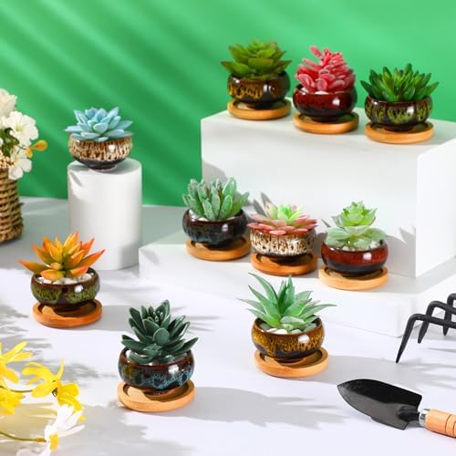 48 Pcs Ceramic Succulent Planters with Drainage Bamboo Saucers - Image 3